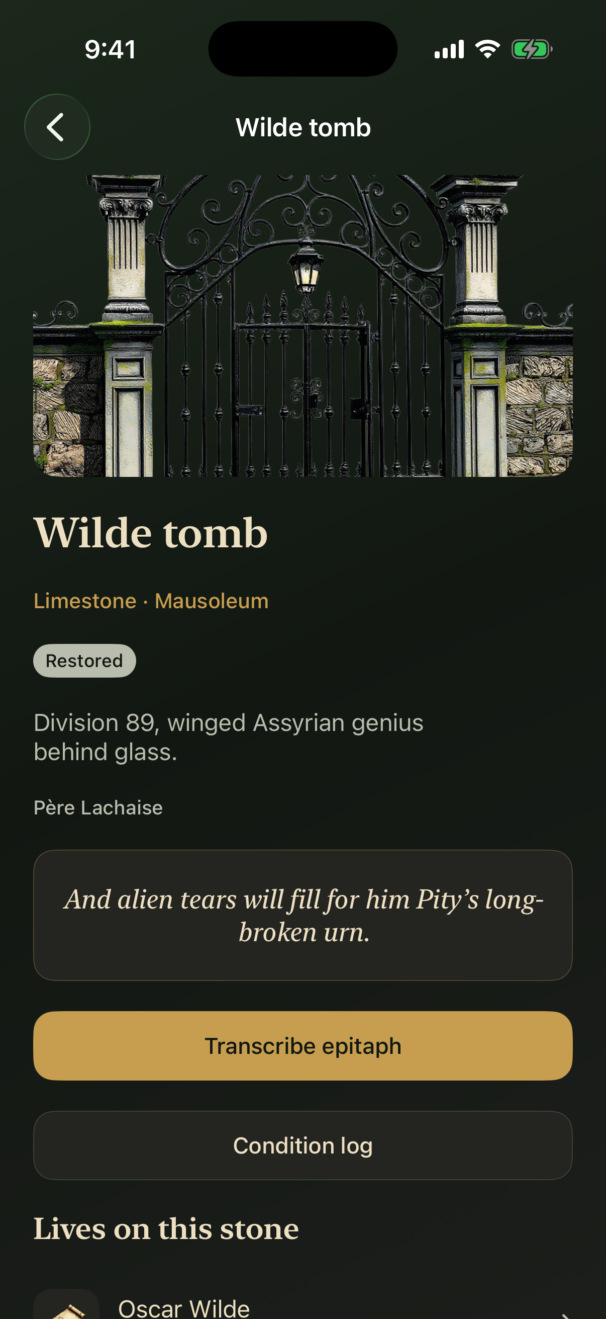 Wilde tomb epitaph plate